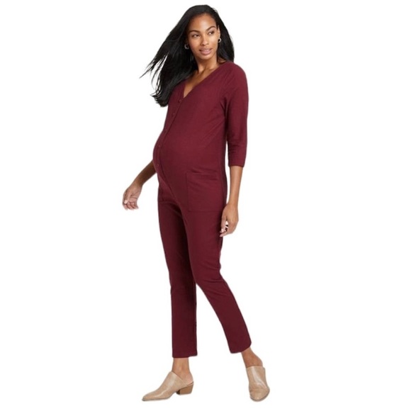 The Nines by Hatch Button Front Maternity Jumpsuit in Wine Red - Picture 2 of 7